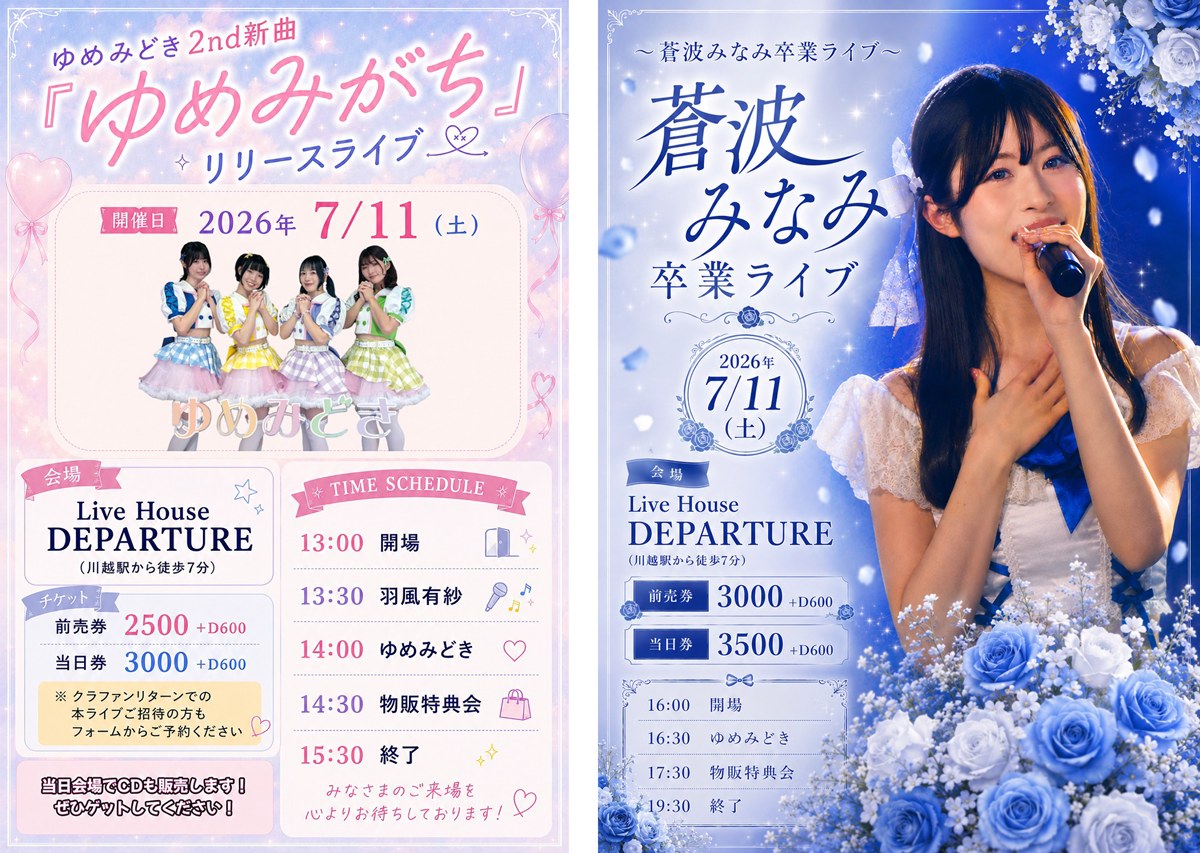 7/11（土）新曲「ゆめみがち」リリース&蒼波みなみ卒業式@川越デパーチャー